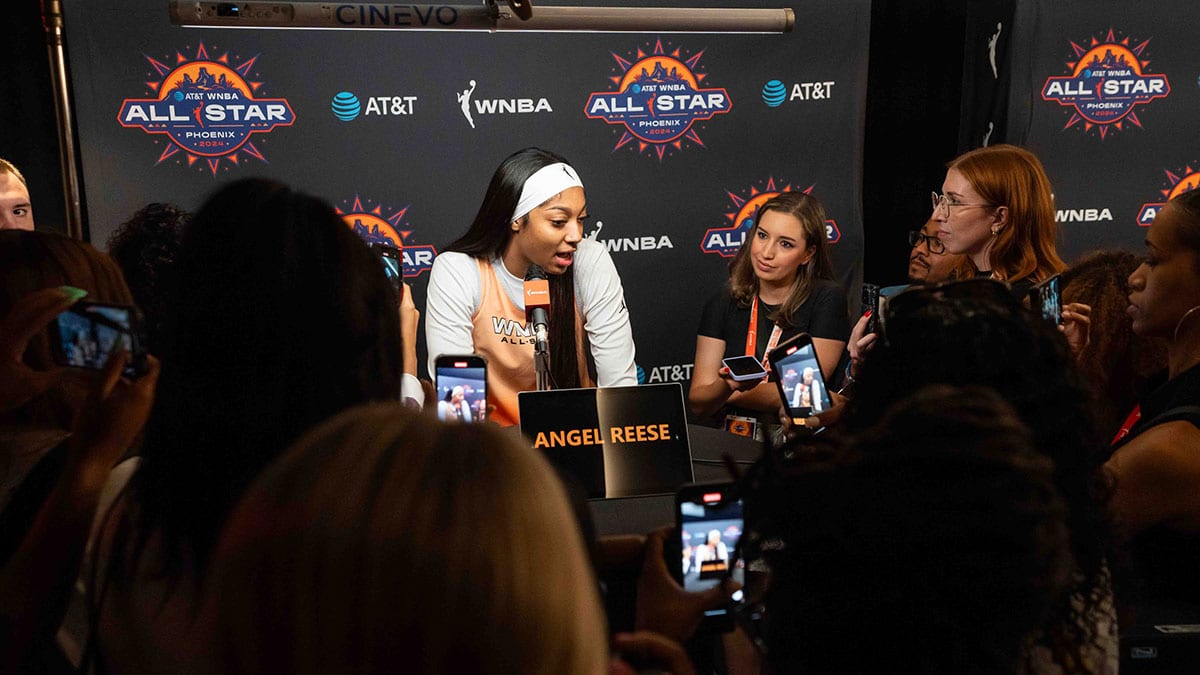 Jul 19, 2024; Phoenix, Ariz, U.S.; Angel Reese speaks to members of the media during the WNBA All-Star media day at Footprint Center in Phoenix on July 19 2024.