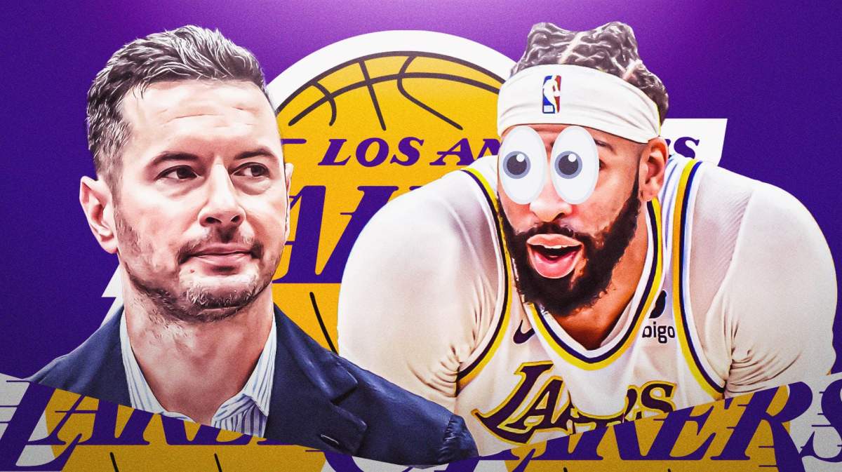 Anthony Davis with big eye emojis looking at JJ Redick. Lakers logo in the backround