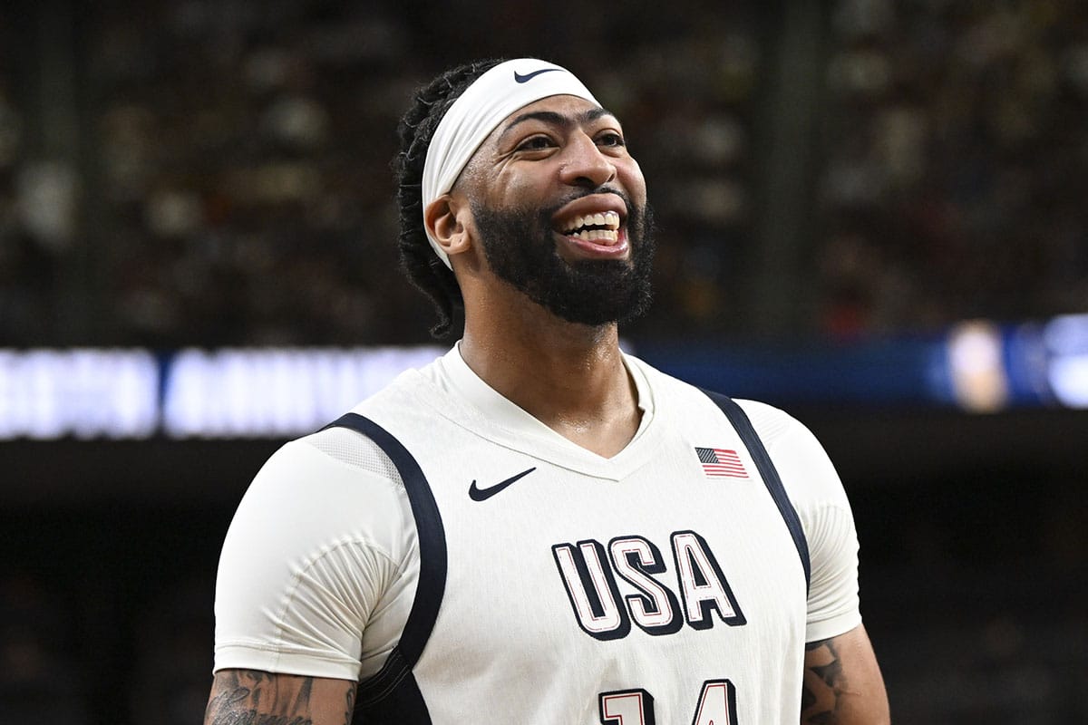USA forward Anthony Davis (14) looks on during the fourth quarter against Canada in the USA Basketball Showcase at T-Mobile Arena.