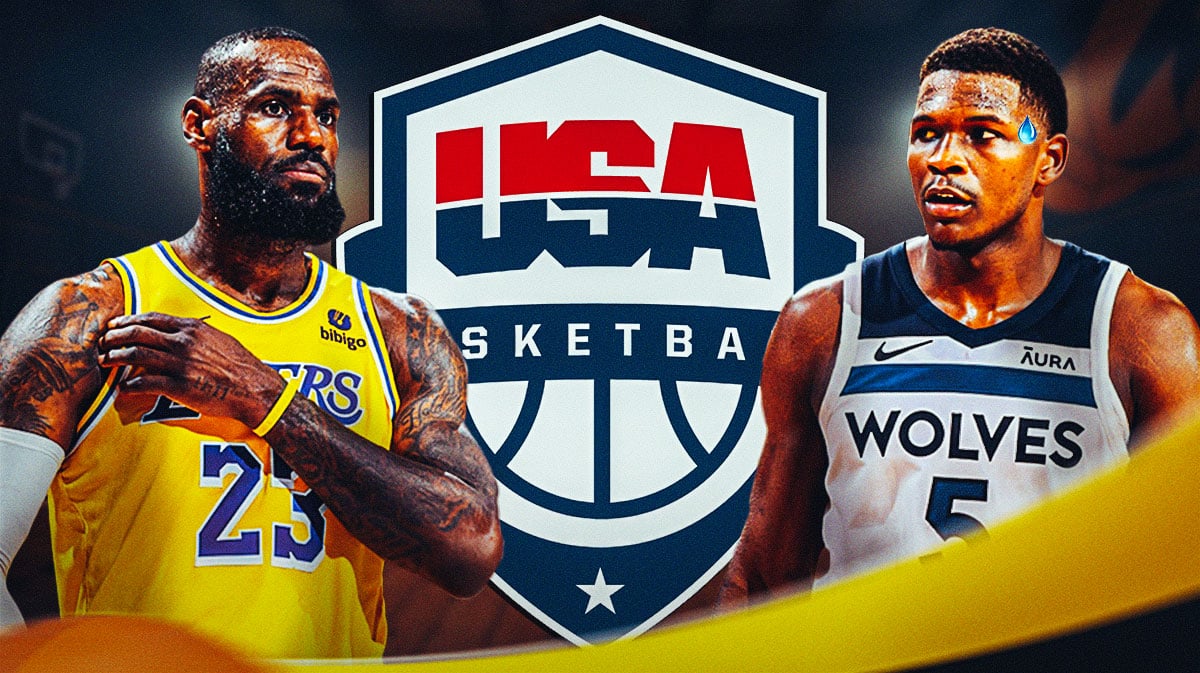 Timberwolves' Anthony Edwards stands next to LeBron James during Olympics, Team USA logo