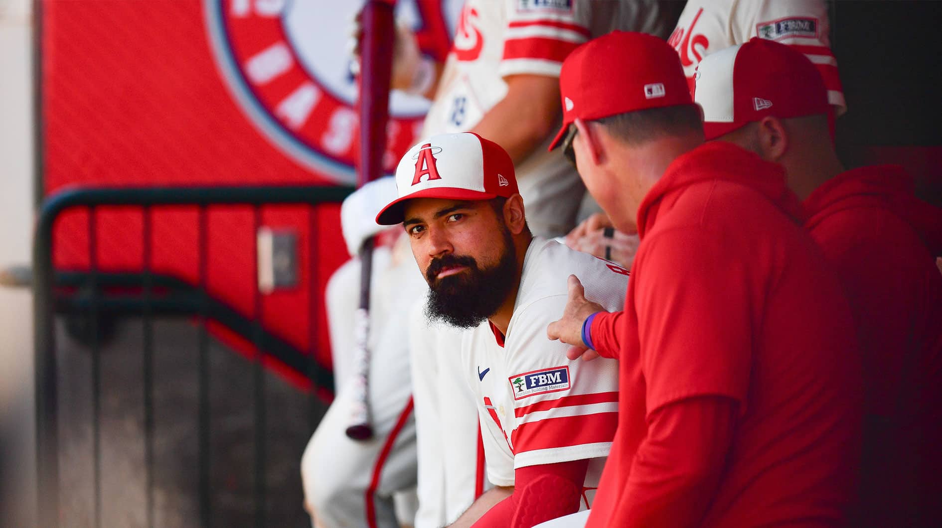 Jul 14, 2024; Anaheim, California, USA; Los Angeles Angels infielder Anthony Rendon (6) watches game action against the Seattle Mariners during the eighth inning at Angel Stadium. 