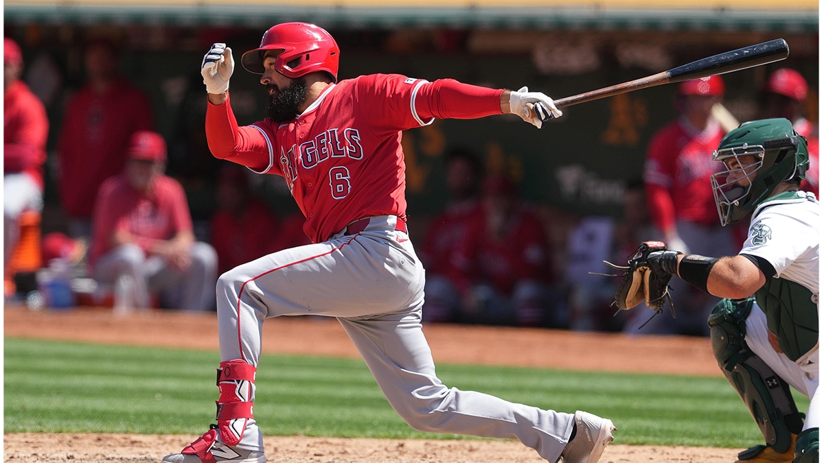 Los Angeles Angels third baseman Anthony Rendon (6) hits a single against the Oakland Athletics during the seventh inning at Oakland-Alameda County Coliseum. 