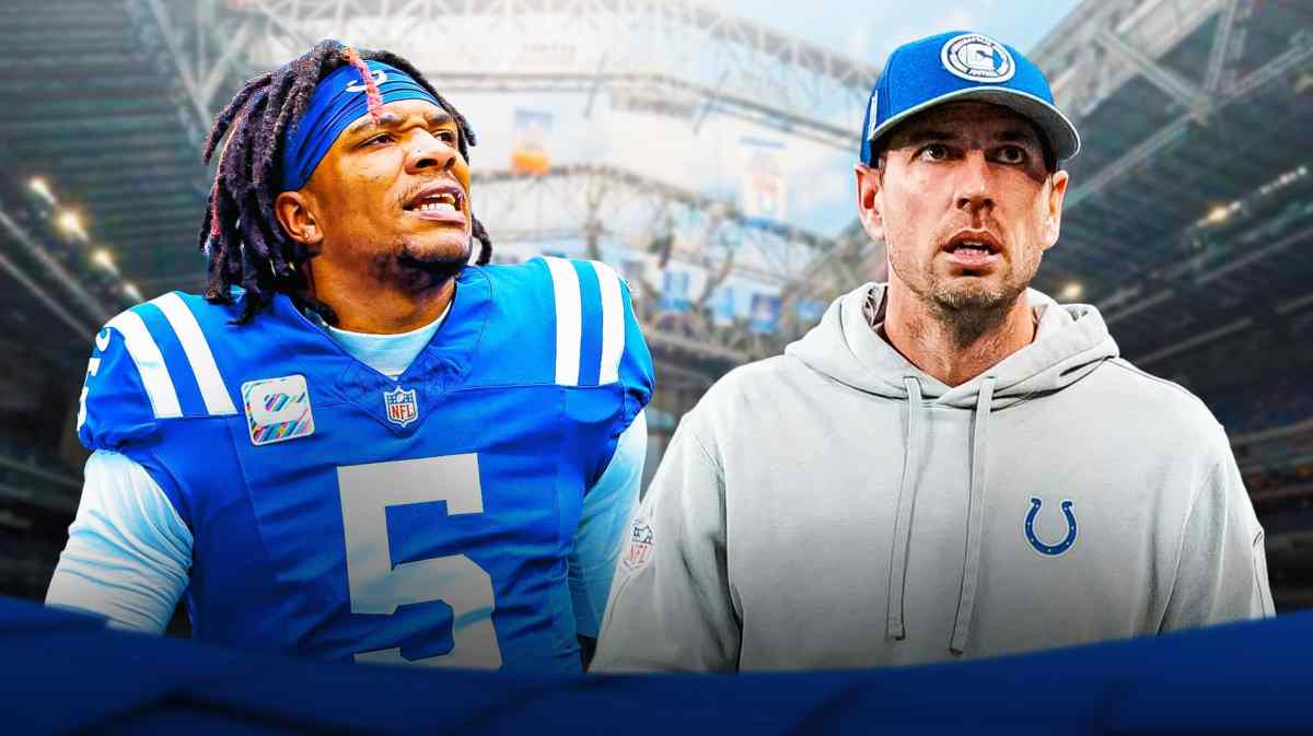Colts QB Anthony Richardson, head coach Shane Steichen, Lucas Oil Stadium in back