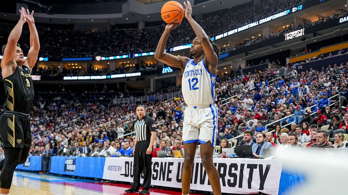 Kentucky Wildcats guard Antonio Reeves (12) takes a shot during the second half in the first round of the 2024 NCAA Tournament at PPG Paints Arena.