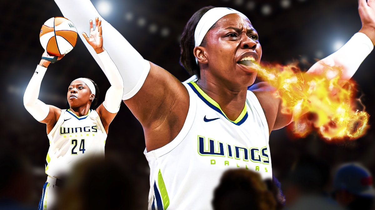 Wings Arike Ogunbowale breathing fire in front. In background, need Wings Arike Ogunbowale shooting a basketball.