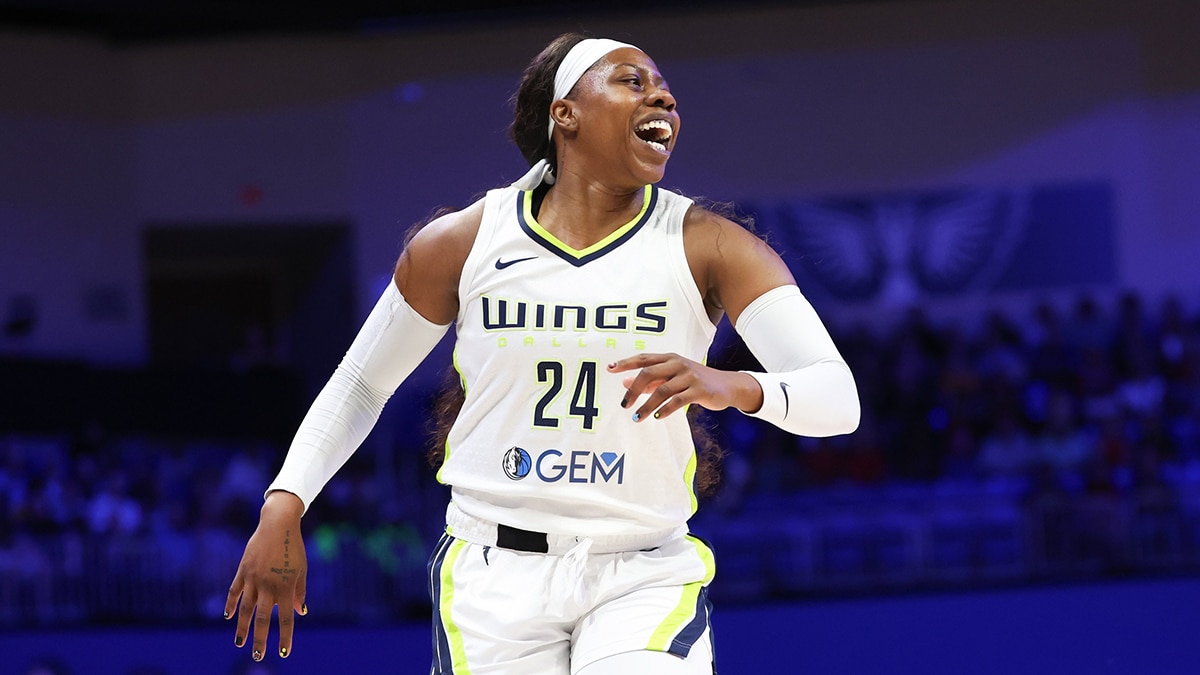 Dallas Wings guard Arike Ogunbowale (24) reacts during the game against the Indiana Fever at College Park Center.