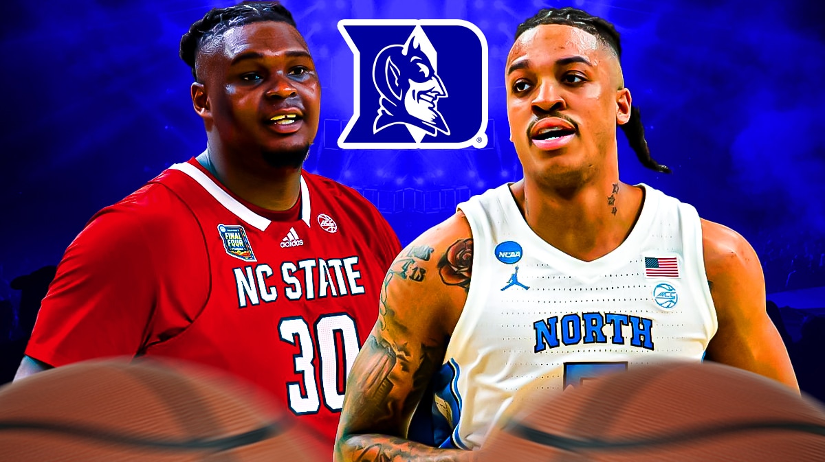 North Carolina basketball's Armando Bacot stands next to NC State's DJ Bruns, Duke basketball logo in background