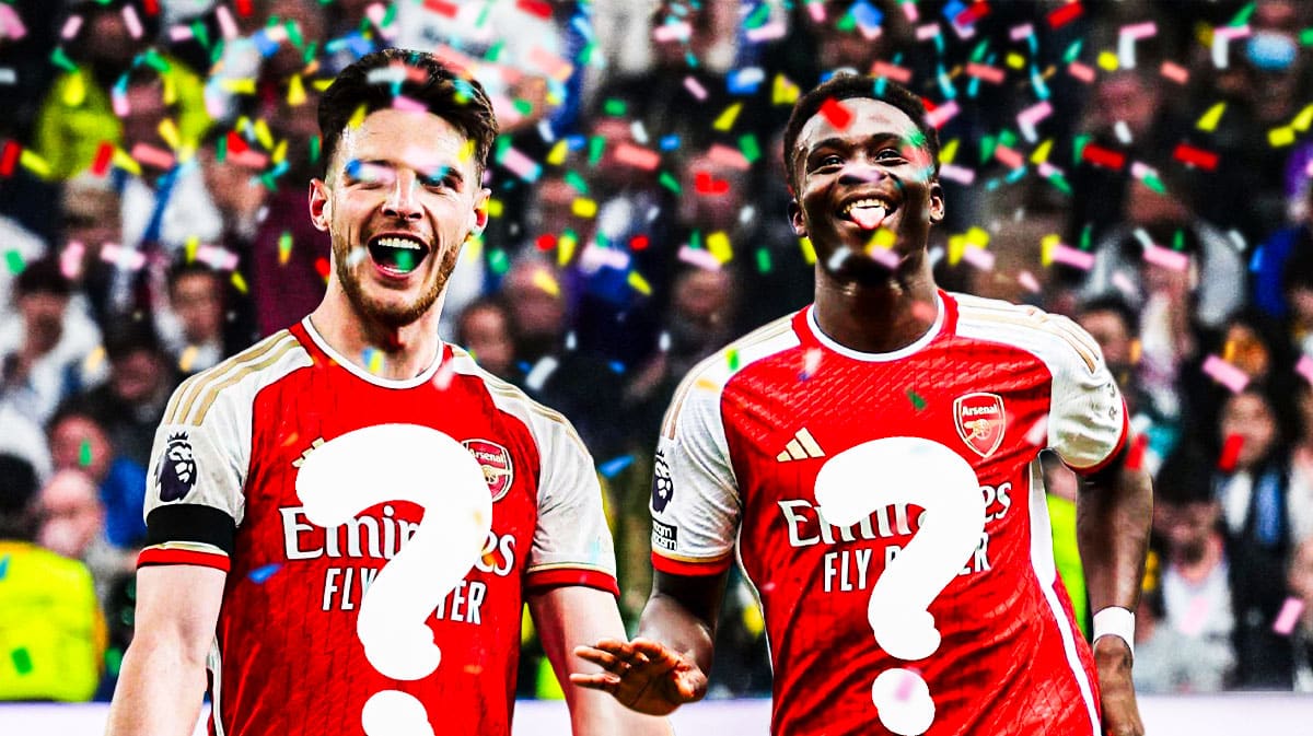 Declan Rice and Bukayo Saka celebrating in ARsenal jerseys, questionmarks on their jersey