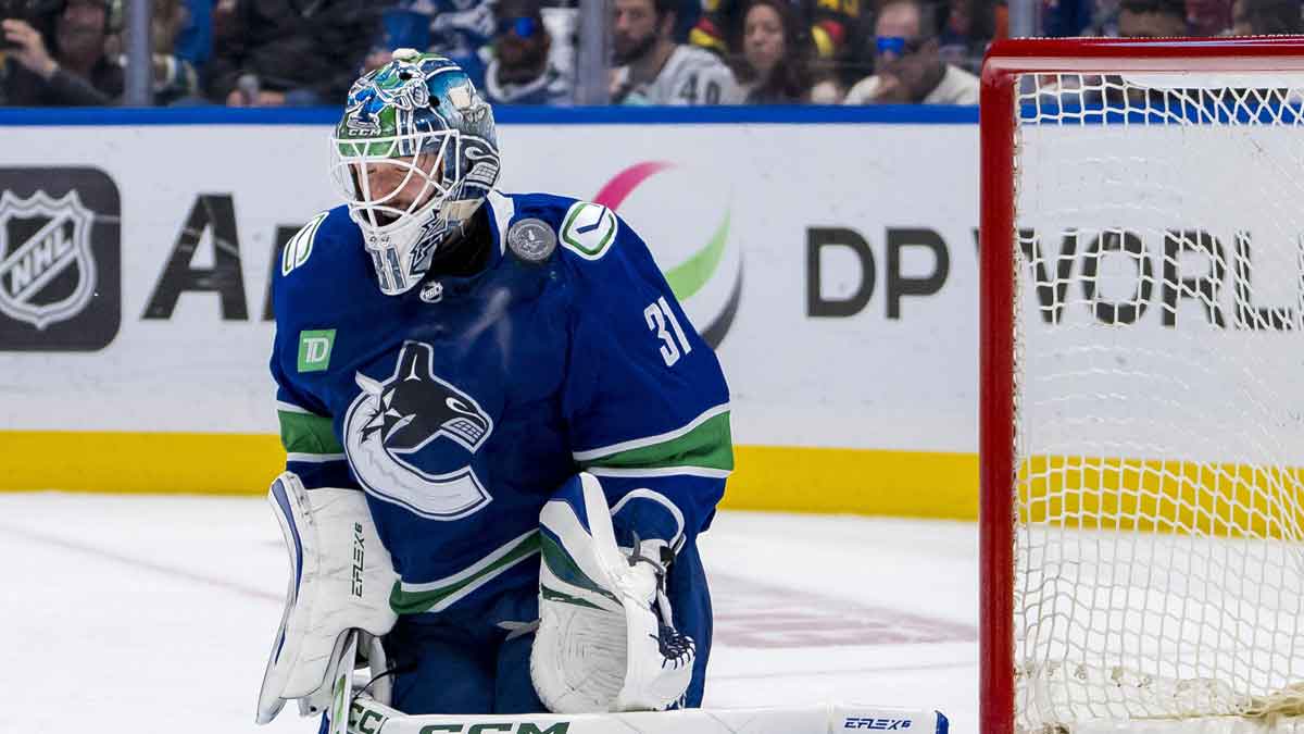 Vancouver Canucks goalie Arturs Silvos (31) makes a save against the Edmonton Oilers during the second period in game seven of the second round of the 2024 Stanley Cup Playoffs at Rogers Arena.