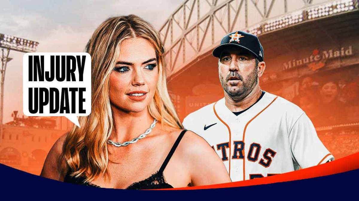On left, Kate Upton saying the following: INJURY UPDATE On right, Astros Justin Verlander looking serious.
