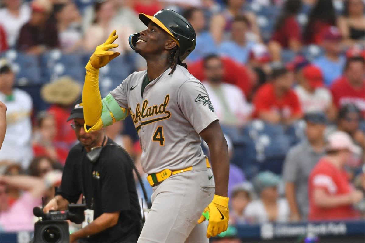 Oakland Athletics outfielder Lawrence Butler (4) celebrates his third home run of the game against the Philadelphia Phillies during the seventh inning at Citizens Bank Park.