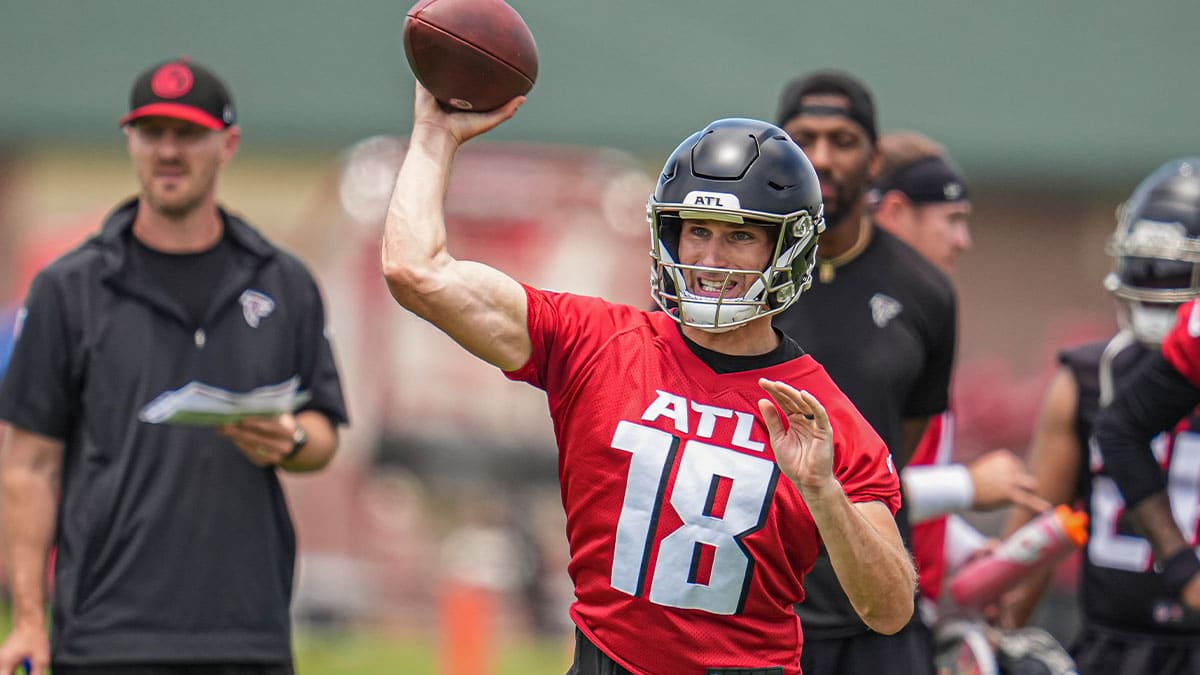 Atlanta Falcons quarterback Kirk Cousins (18) shown in action on the field during Falcons OTA at the Falcons Training facility. 