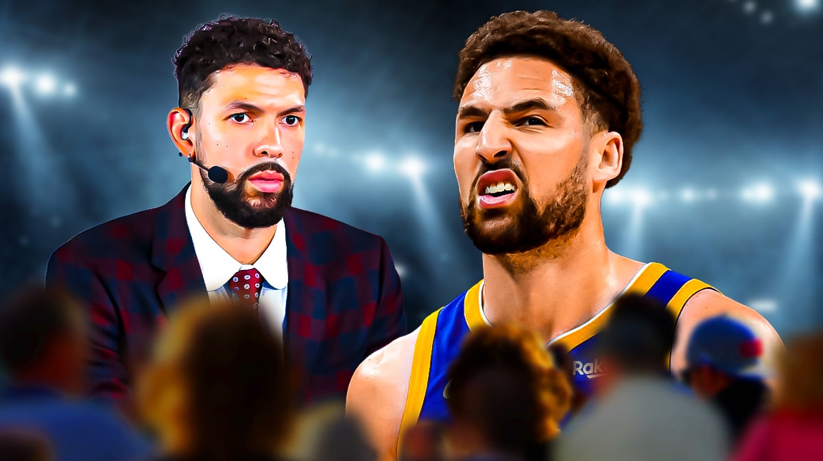 Austin Rivers next to former Golden State Warriors star and currently on the Dallas Mavericks Klay Thompson in front of Chase Center.