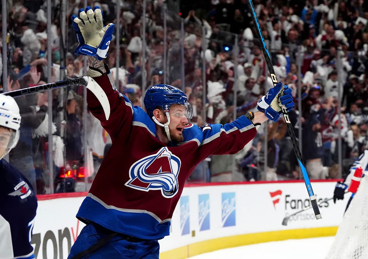 Colorado Avalanche center Casey Mittelstadt (37) reacts to a goal scored during the second period against the Winnipeg Jets in game four of the first round of the 2024 Stanley Cup Playoffs at Ball Arena.