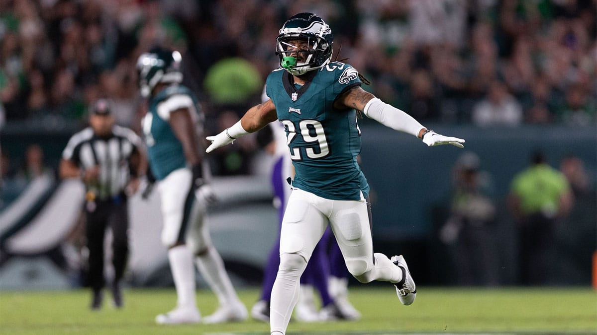 Philadelphia Eagles cornerback Avonte Maddox (29) reacts after a defensive stop against the Minnesota Vikings during the first quarter at Lincoln Financial Field.