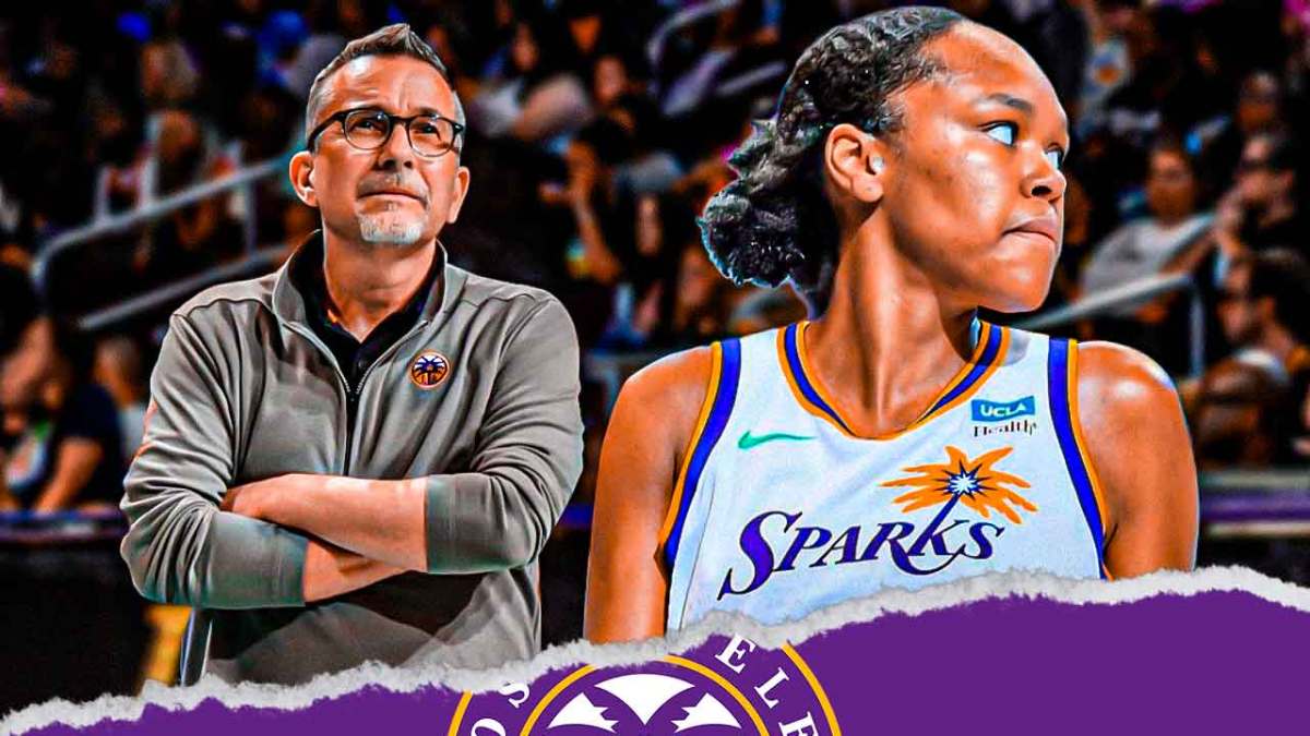 Azurá Stevens alongside LA Sparks coach Curt Miller with the LA Sparks arena in the background