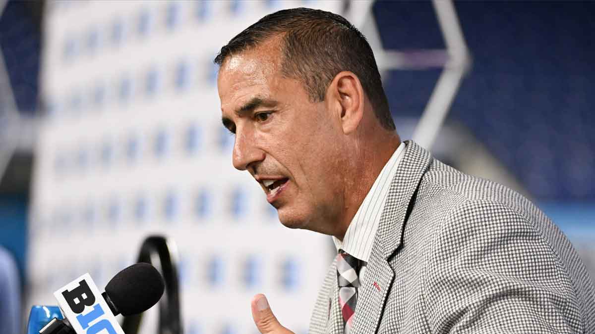 Wisconsin Badgers head coach Luke Fickell speaks to the media during the Big 10 football media day at Lucas Oil Stadium. 