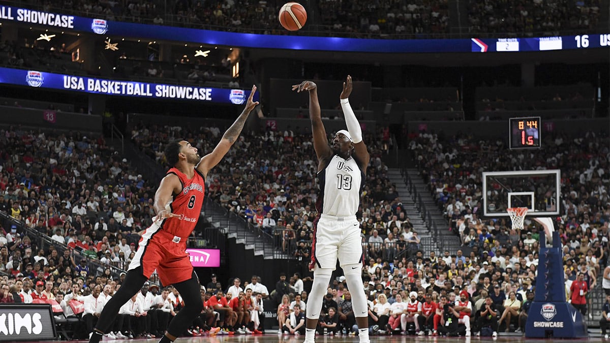 USA forward Bam Adebayo (13) shoots over Canada forward Trey Lyles (8) in the second quarter the USA Basketball Showcase at T-Mobile Arena.