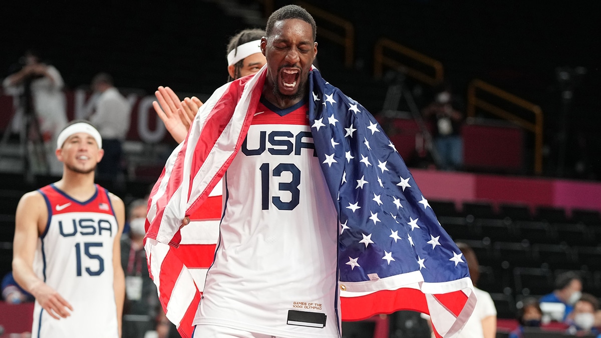 Bam Adebayo (13) reacts after winning the gold medal game during the Tokyo 2020 Olympic Summer Games at Saitama Super Arena.