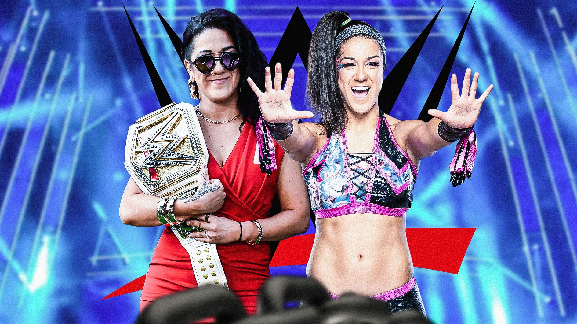 Bayley in 2024 next to Bayley in 2018 with the WWE logo as the background.