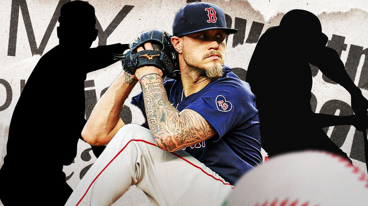 A newspaper as the background, Tanner Houck in the middle, a silhouette of a baseball hitter on one side, a silhouette of a baseball pitcher on the other side