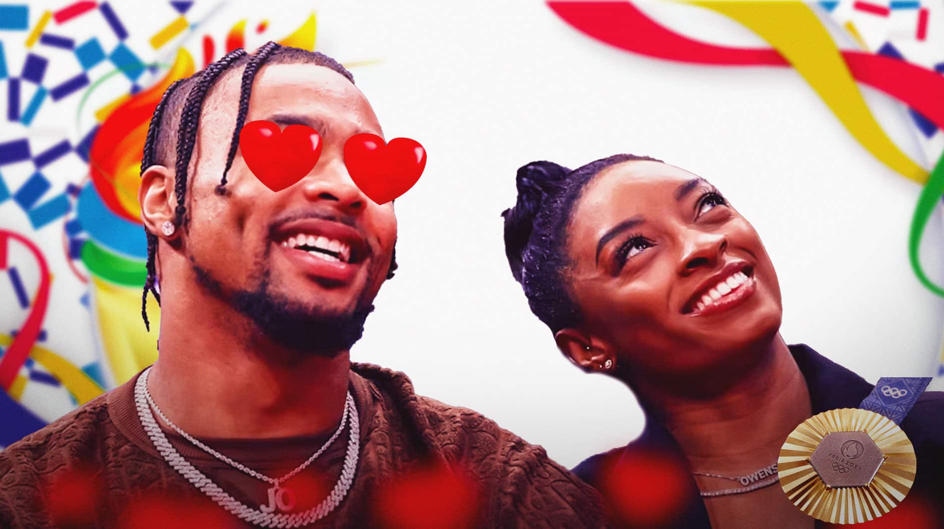 Chicago Bears player Jonathan Owens with hearts in his eyes, and U.S. gymnast Simone Biles, with a gold medal