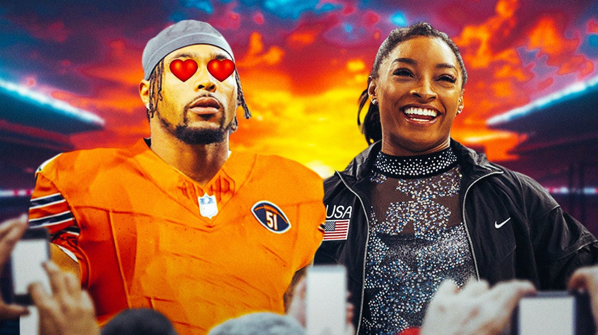 Jonathan Owens in a Bears jersey with heart emojis for eyes looking at Simone Biles in Team USA gear with Olympics background.