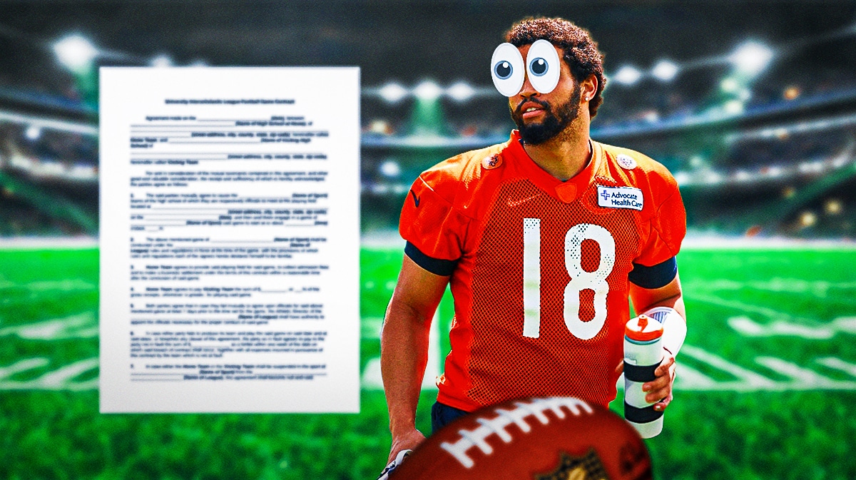 Caleb Williams in Bears jersey looks at a contract with bulging eyes