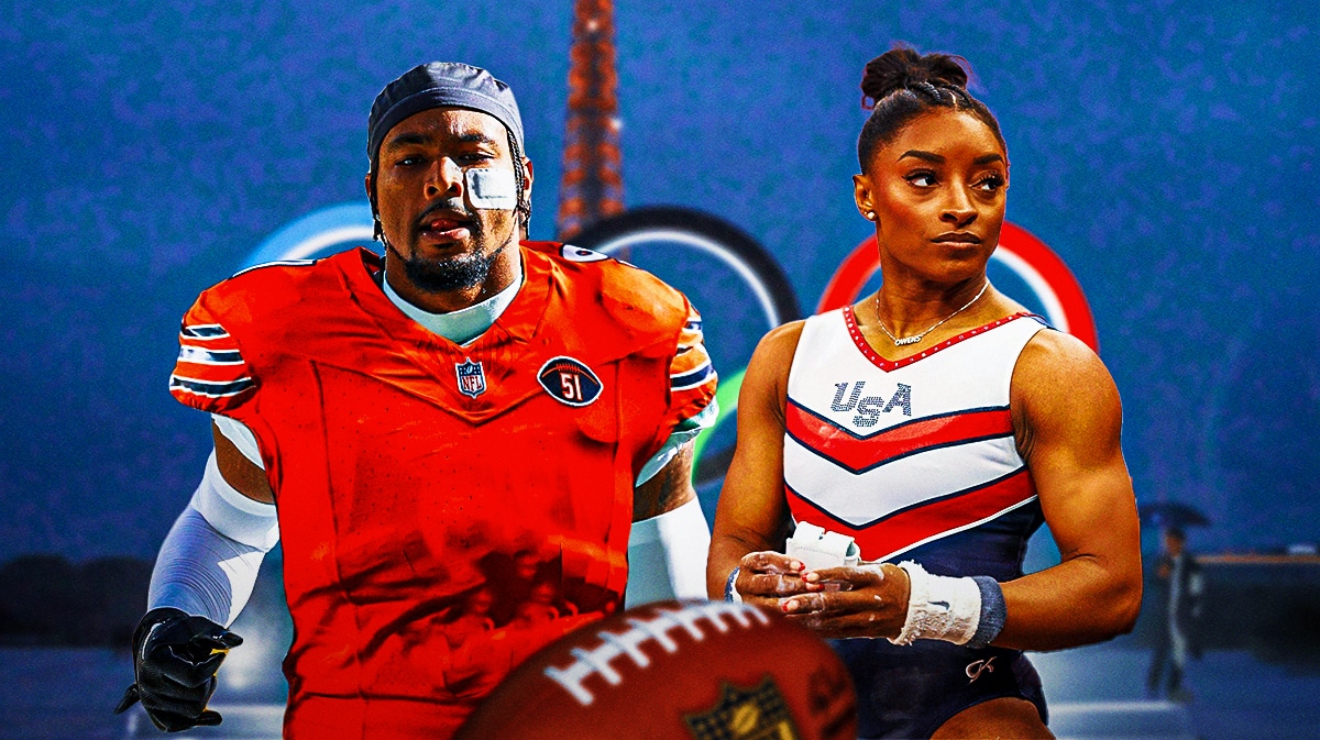 Jonathan Owens (Bears) and Simone Biles with the Eifel Tower in the background and the Olympic logo
