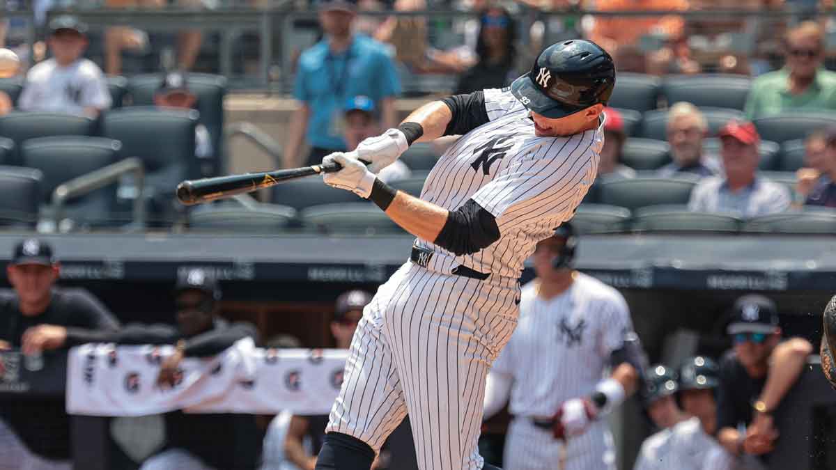 New York Yankees first baseman Ben Rice (93) hits a solo home run during the first inning against the Boston Red Sox at Yankee Stadium.