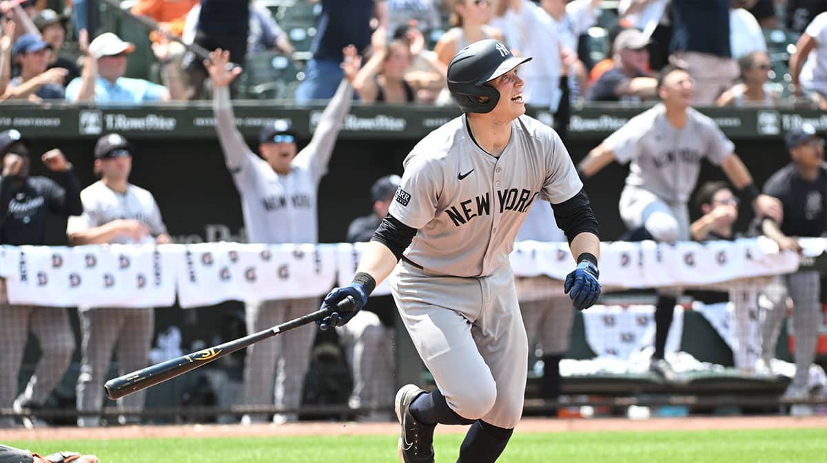 Jul 14, 2024; Baltimore, Maryland, USA; New York Yankees first baseman Ben Rice (93) hits a three-run home run during the ninth inning against the Baltimore Orioles at Oriole Park at Camden Yards.