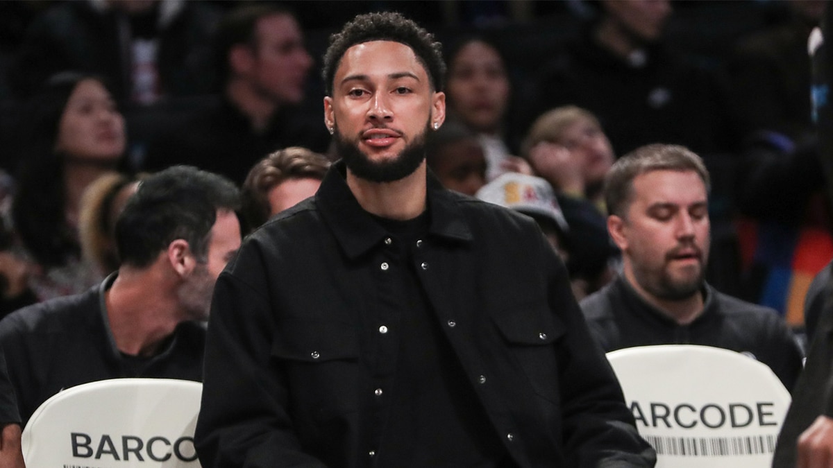  Brooklyn Nets guard Ben Simmons (not in uniform) sits on the bench in the first quarter against the Atlanta Hawks at Barclays Center.