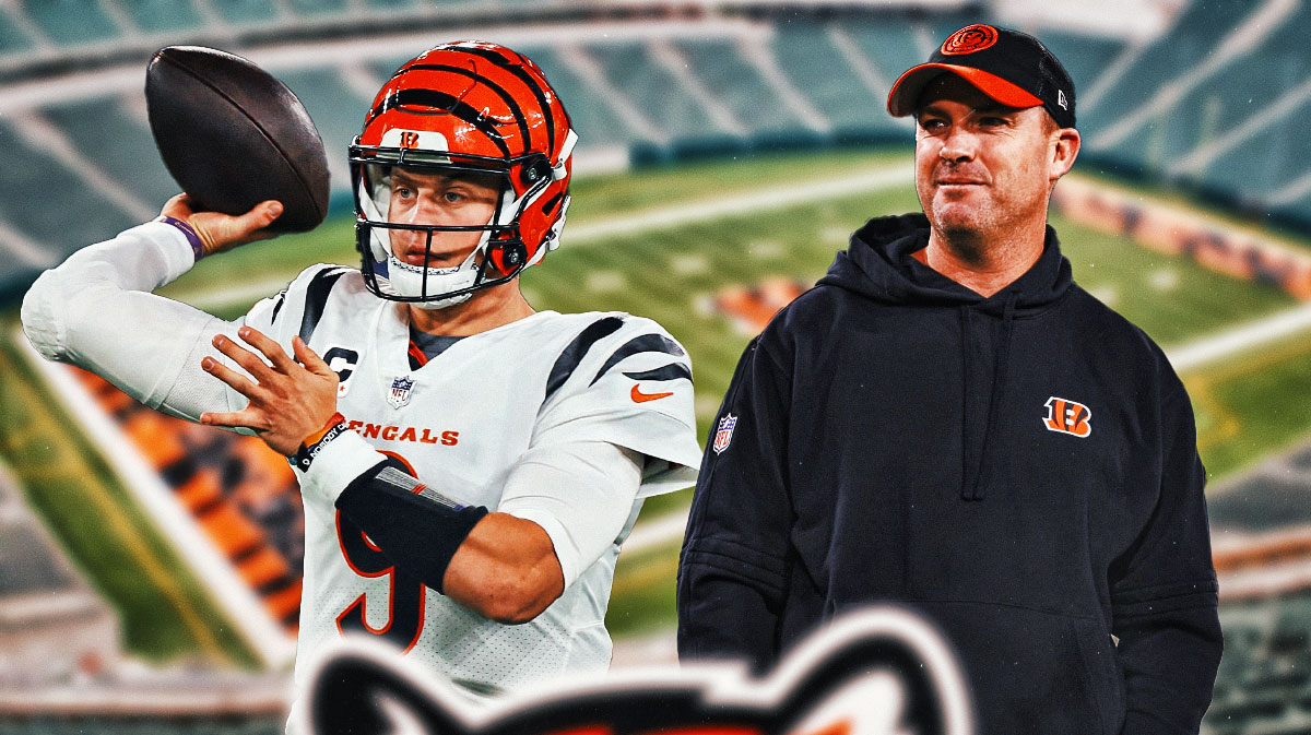 Bengals Joe Burrow throwing a football on left. Bengals Zac Taylor on right