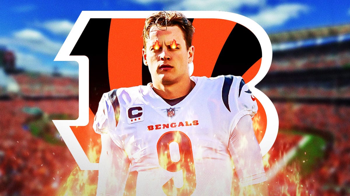 Bengals Joe Burrow with fire in his eyes and surrounded by fire