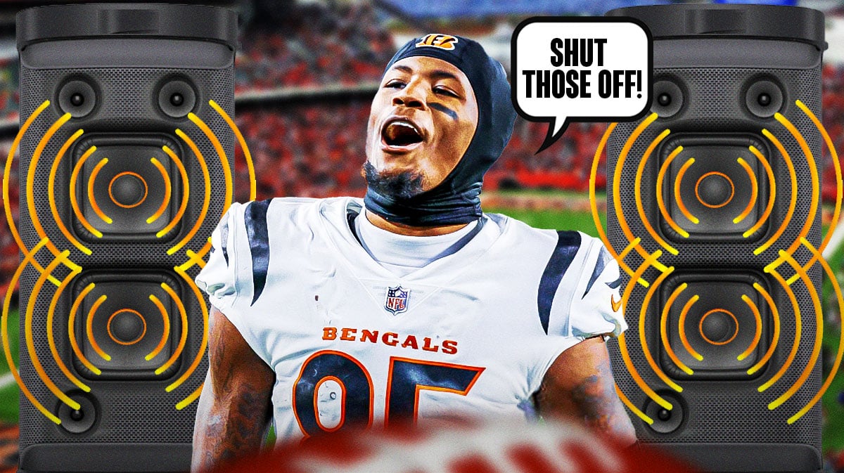 Cincinnati Bengals wide receiver Tee Higgins in between two speakers