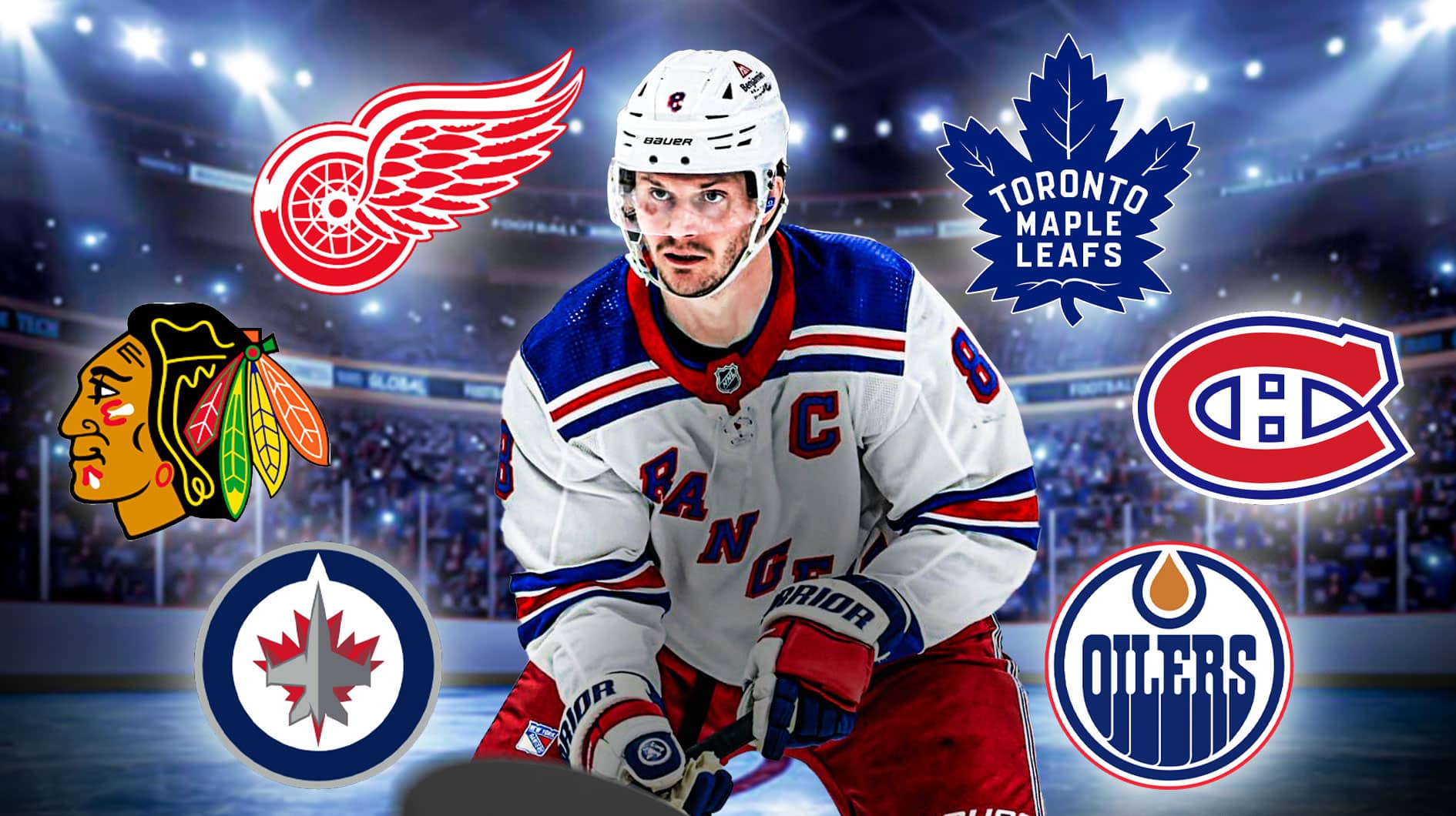 Jacob Trouba surrounded by logos of the Detroit Red Wings, Winnipeg Jets, Chicago Blackhawks, Toronto Maple Leafs, Montreal Canadiens, and Edmonton Oilers