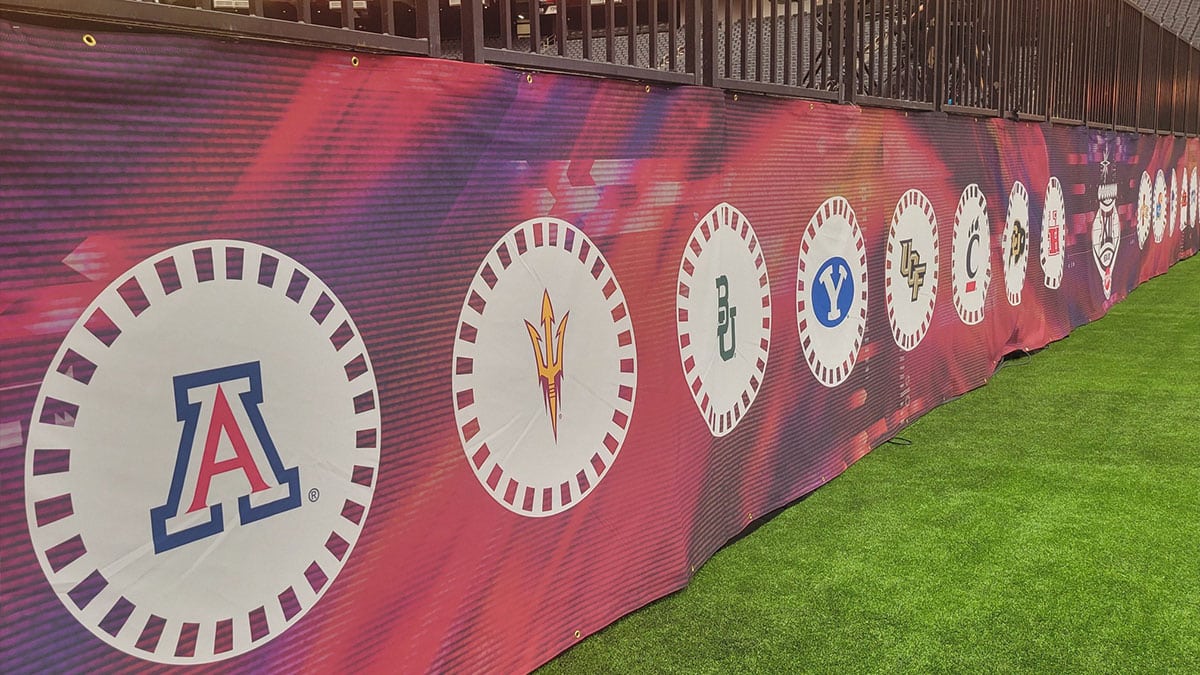 The Big 12 school's logos on display at the Big 12 Conference's Media Day