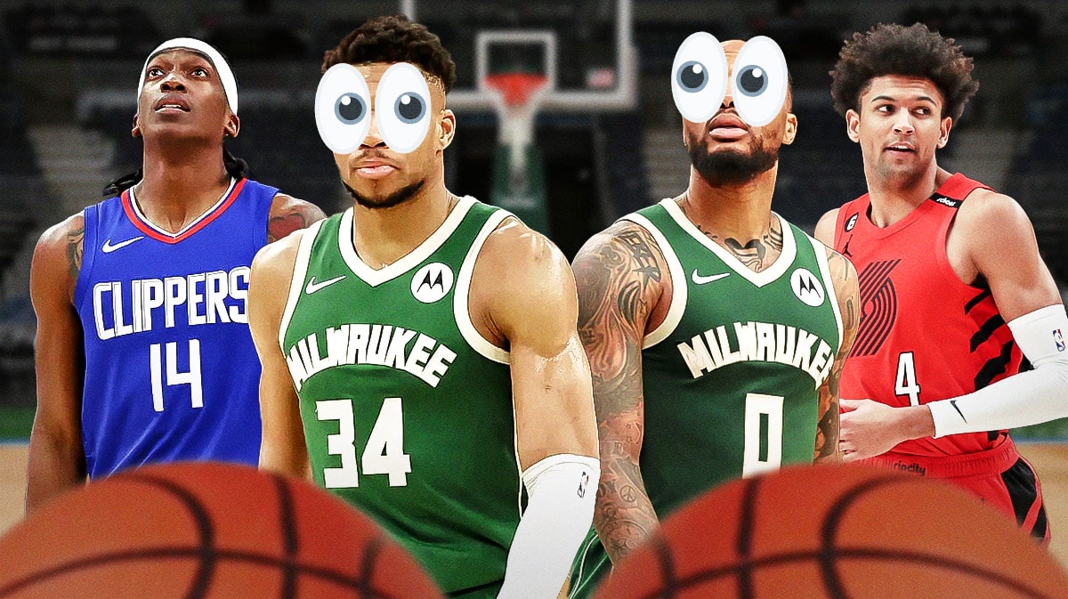 Bucks' Giannis Antetokounmpo and Damian Lillard with eyes popping towards Clippers' Terance Mann and Blazers' Matisse Thybulle