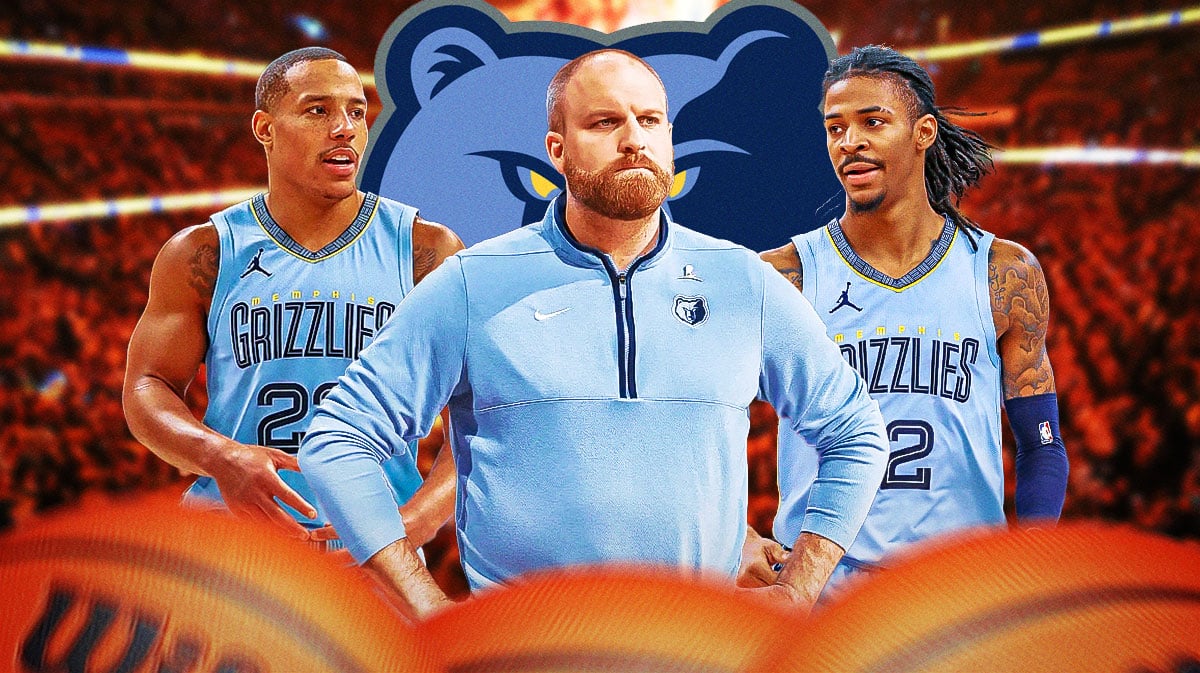 Coach Taylor Jenkins in the middle, Ja Morant and Desmond Bane around him, Memphis Grizzlies logo in the background