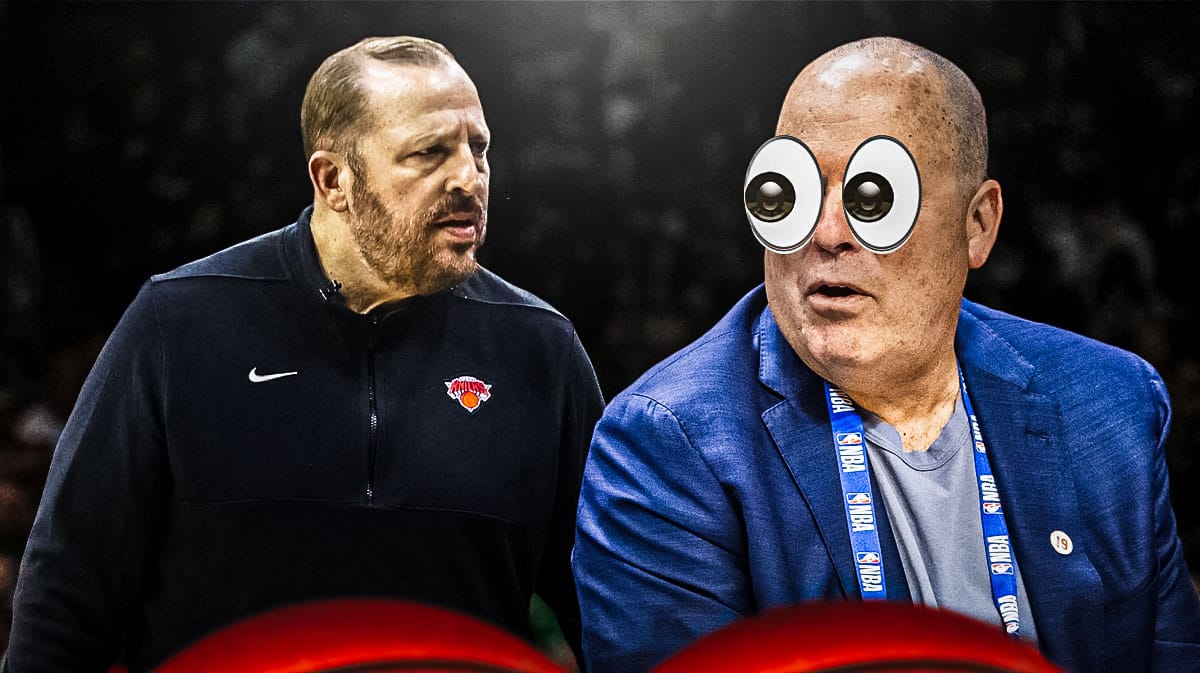 Knicks' GM Leon Rose looks at coach Tom Thibodeau with bulging eyes