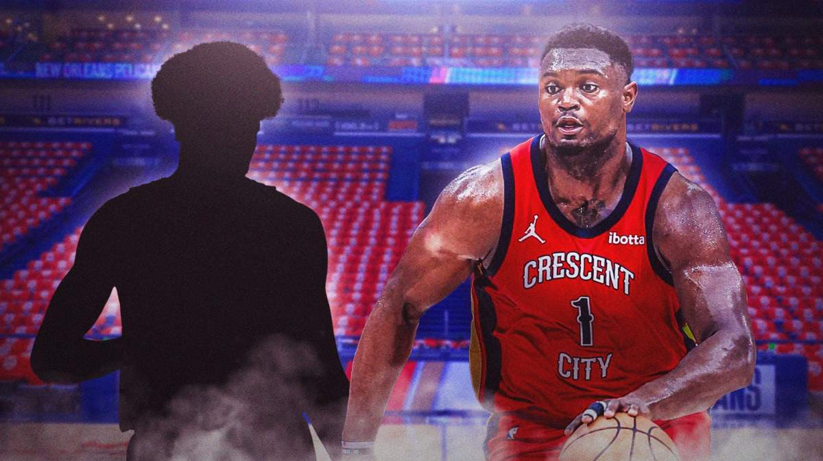 Zion Williams next to the blacked-out silhouette of Jarrett Allen in the Pelicans Smoothie King Arena.