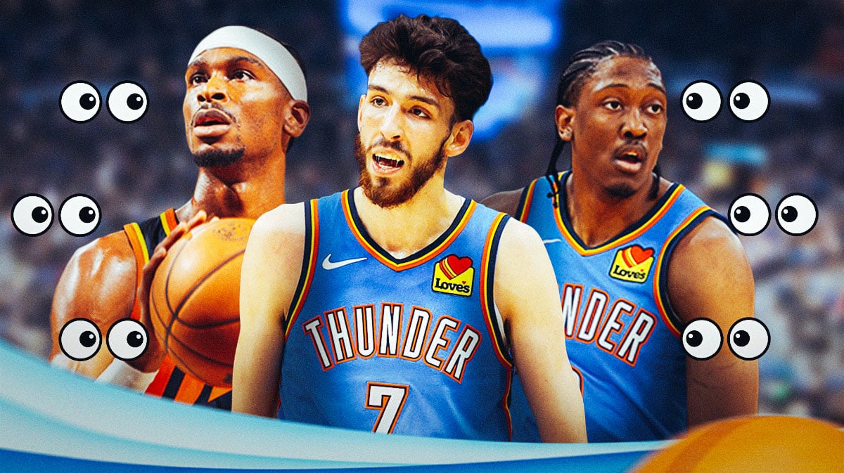 Shai Gilgeous-Alexander, Jalen Williams, and Chet Holmgren with a bunch of the big eyes emojis in the background. Thunder free agency