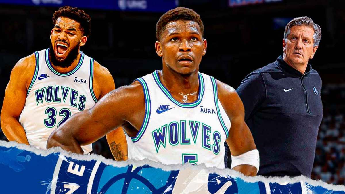 Anthony Edwards alongside Chris Finch and Karl-Anthony Towns with the Timberwolves arena in the background, roster NBA free agency