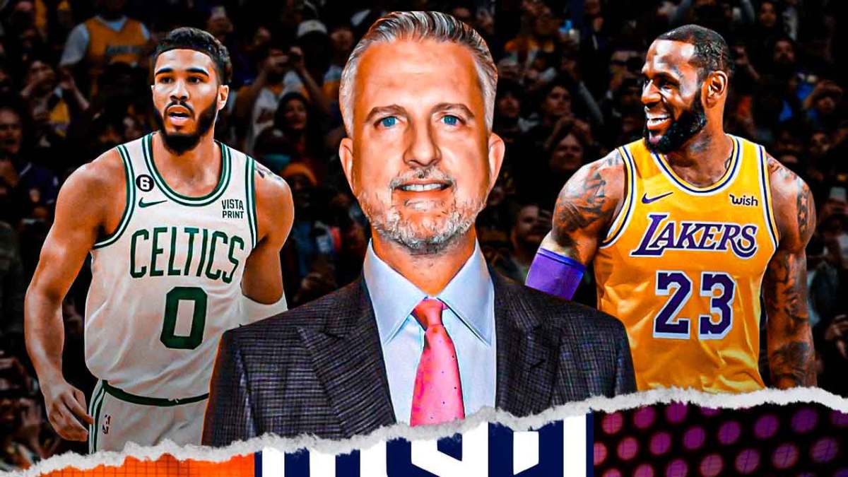 LeBron James, Jayson Tatum stand next to Bill Simmons, Team USA Olympics logo