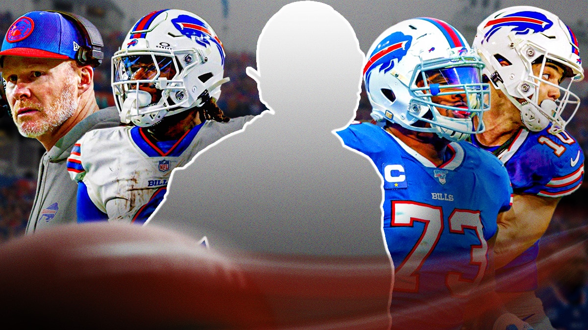 Bills' Dion Dawkins, James Cook, Khalil Shakir and coach Sean McDermott around a silhouette of Josh Allen.