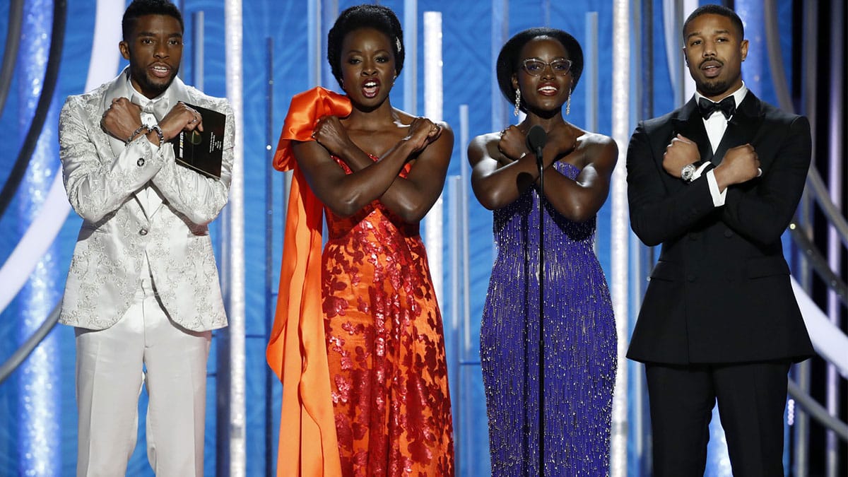 Black Panther cast members Chadwick Boseman, Danai Gurira, Lupita Nyong'o, and Michael B. Jordan at the 2019 Golden Globes.