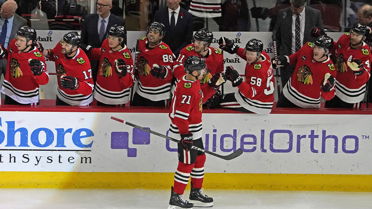 Chicago Blackhawks left wing Taylor Hall (71) celebrates his goal against the New Jersey Devils during the first period at United Center.