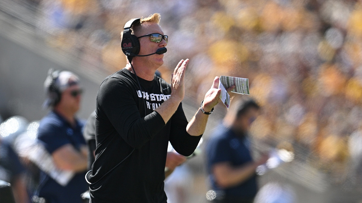 Utah State Aggies head coach Blake Anderson looks on during the first quarter against the Iowa Hawkeyes at Kinnick Stadium.