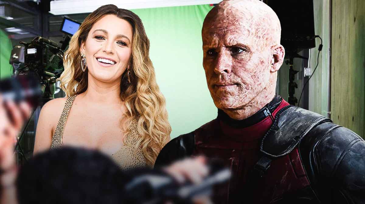 Blake Lively and Ryan Reynolds as Deadpool with movie set background.