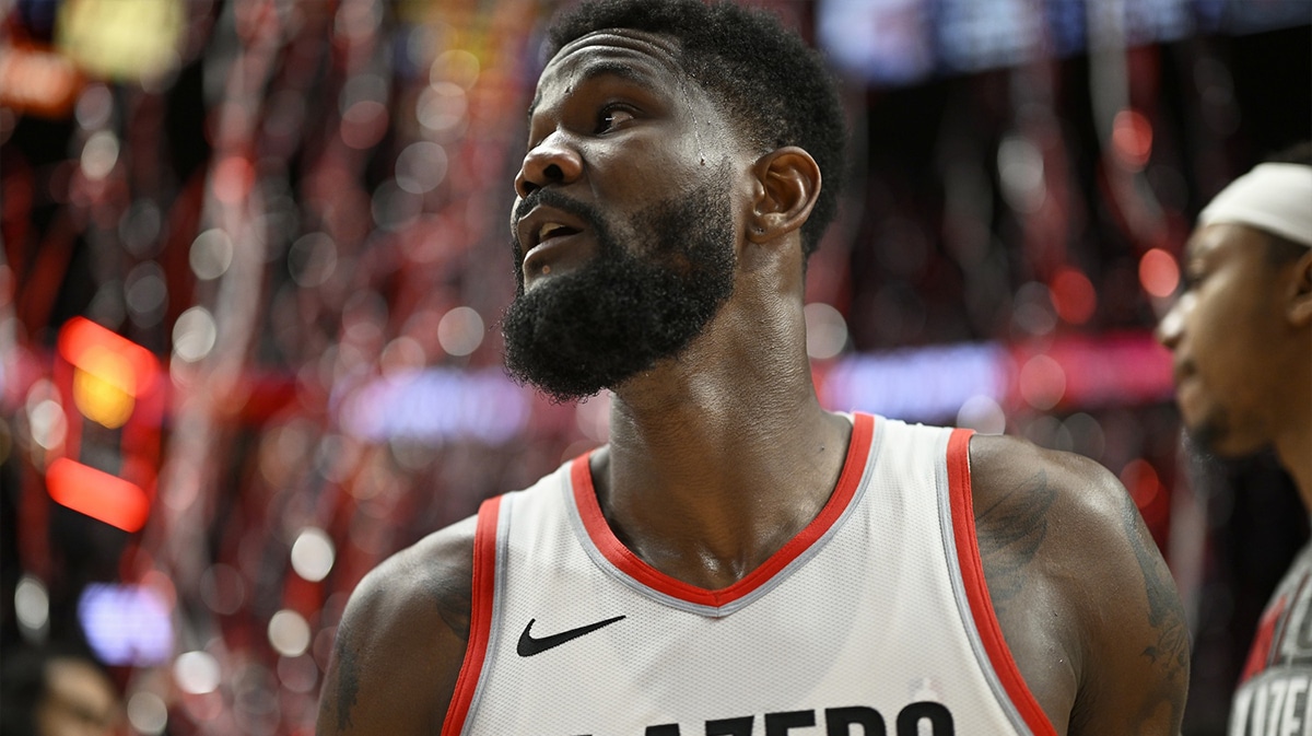 Portland Trail Blazers center Deandre Ayton (2) walks off the court after a game against the Atlanta Hawks at Moda Center.